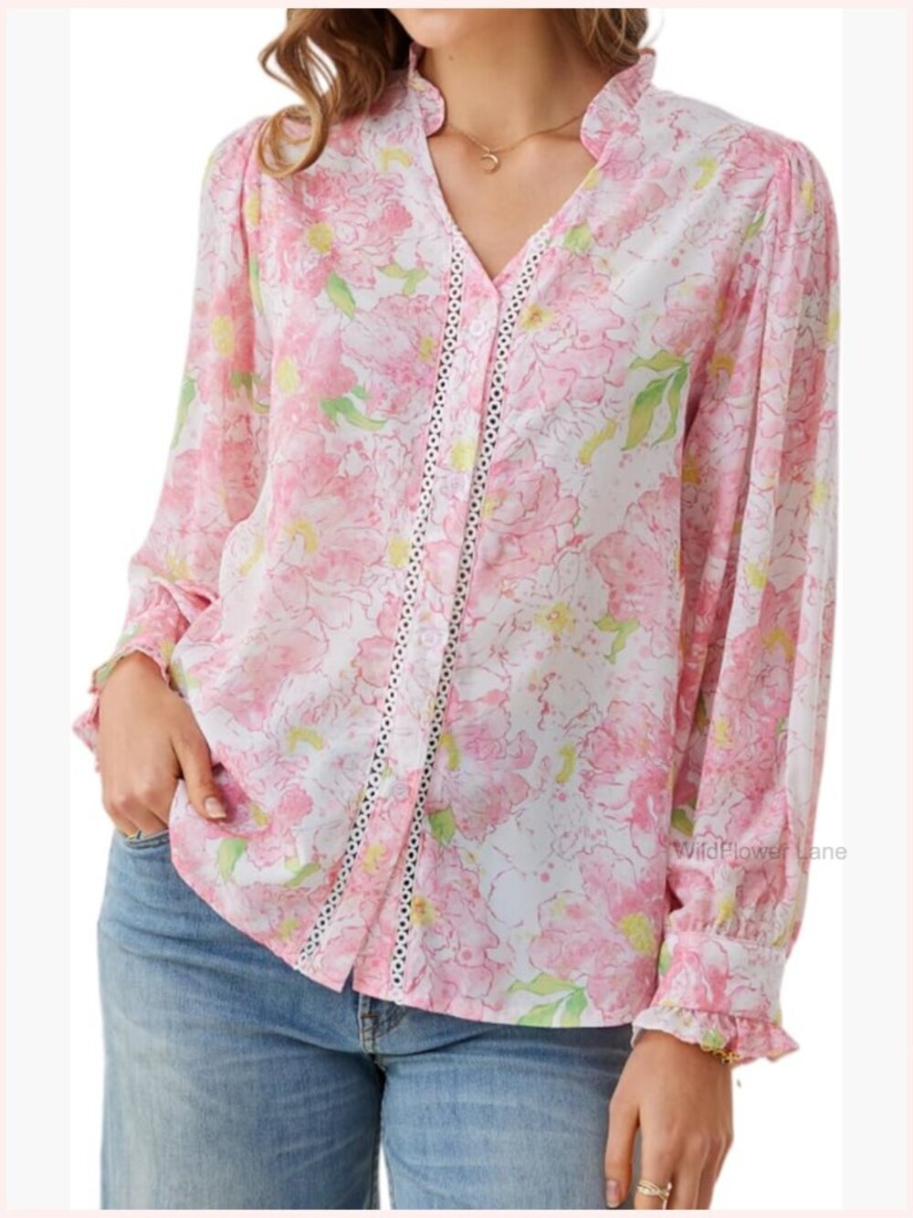 Long Puff Sleeve Button Down Ruffle V Neck Sheer Tunic Boho Blouse